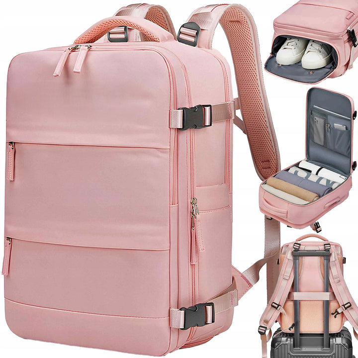 Rucsac calatorie avion, Zola, 40 x 30 x 20 cm, 12 buzunare si compartimente, spatiu incaltaminte, port USB, sistem agatare pe troler, roz