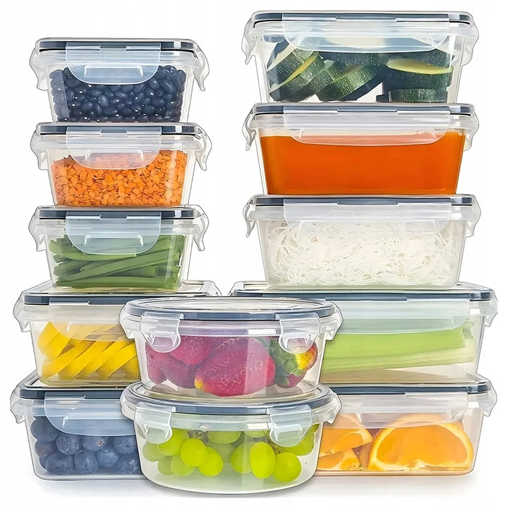 Set 12 caserole cu  inchidere etansa, Zola, dreptunghiulare si rotunde, 5 dimensiuni diferite, capacitate 355/560/740/890/1000 ml, plastic, transparente