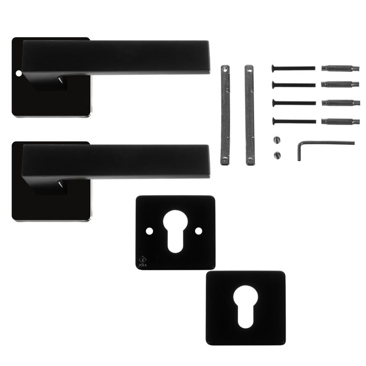 Set 2 manere reversibile pentru usa, Zola®, rozeta pentru cheie, din aluminiu/fier, cu accesorii pentru montare, negru mat, 5.3x5x14 cm