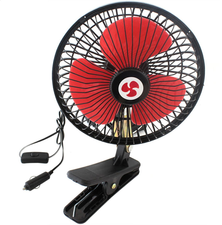 Ventilator portabil pentru masina sau drumetii, Zola, diametru 17.5 cm, 12V, unghi de inclinare reglabil, fixare clema, alimentare priza bricheta, negru/rosu