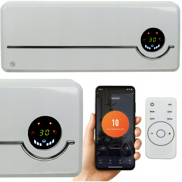 Aeroterma electrica Smart de perete, Zola, 2000W, 3 moduri functionare, Swing, Eco, temporizator 1-24h, afisaj LED, Tuya, telecomanda, 50 x 18 x 13 cm, alb