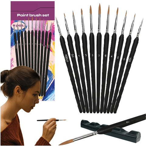 Set 11 pensule pentru pictura cu suport, Zola, dimensiuni 000-7, peri sintetici, maner lemn, 18.5 cm, negru