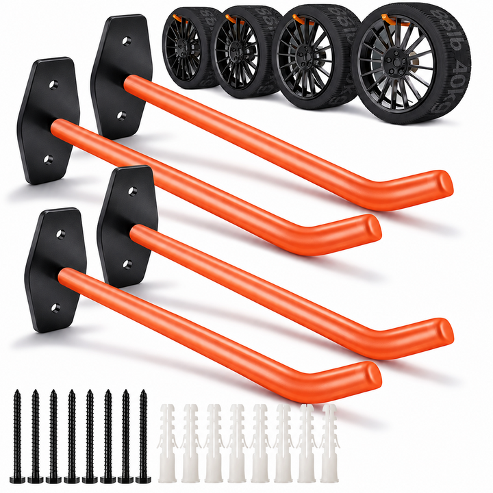 Set 4 suporti de perete pentru jante si anvelope, Zola, suporta 60 kg, otel cu protectie PVC, accesorii montaj incluse