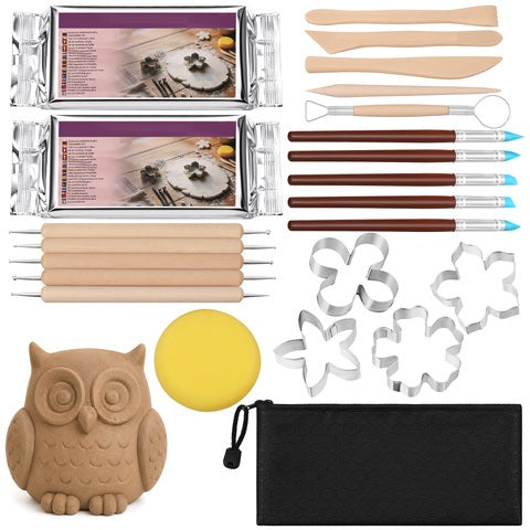 Kit modelaj lut 30 piese, Zola, 1 kg lut auto-intaritor, 27 unelte sculptura, 4 matrite, burete, saculet depozitare