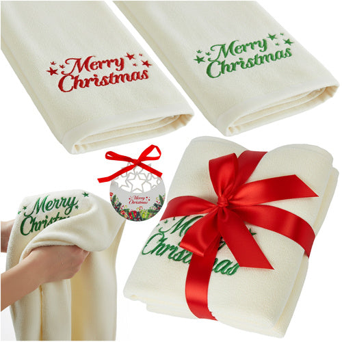 Set 2 prosoape de baie, Zola, 50 x100 cm, model Merry Christmas brodat, bumbac, alb/rosu/verde