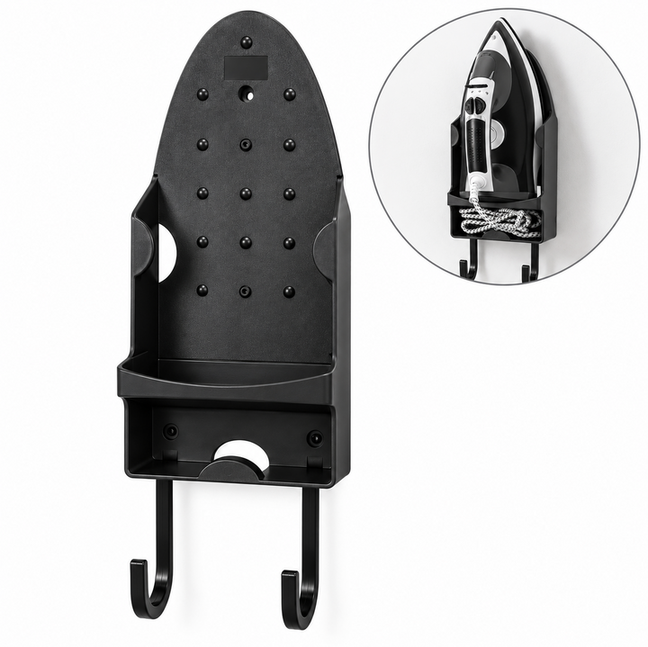 Suport pentru fier si masa de calcat, Zola, montare pe perete, rezistent la 250°C, cu 2 carlige, PBT, 31 x 14 x 10,8 cm, negru