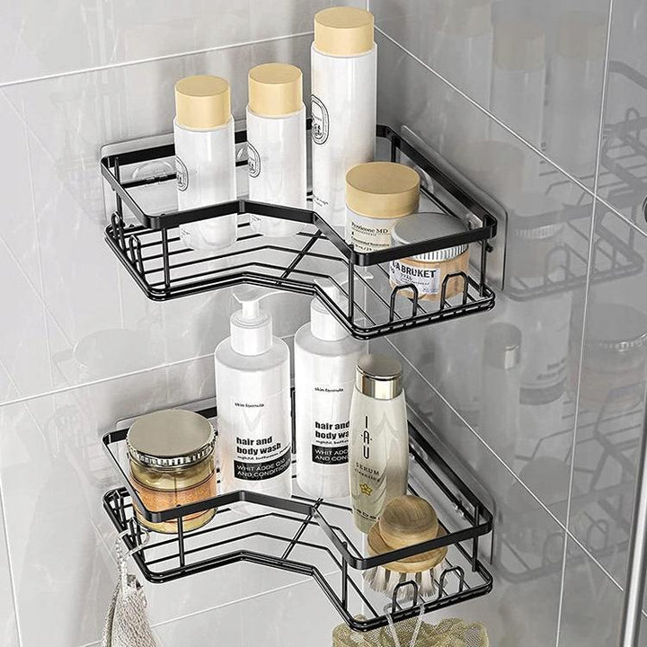 Set 2 rafturi organizatoare de colt pentru baie, Zola, din metal, carlige de agatat, dimensiuni diferite 7 x 10 x 22.5/ 7 x 10 x 24.5 cm, negru