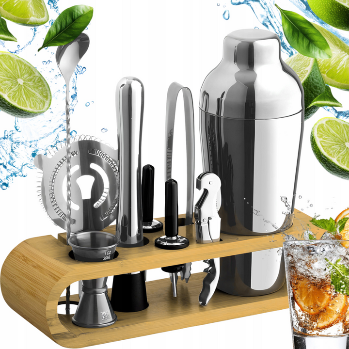 Set barman pentru cocktailuri, Zola, 10 piese, shaker si accesorii, otel inoxidabil, suport bambus, 27.5 x 10.5 x 7 cm