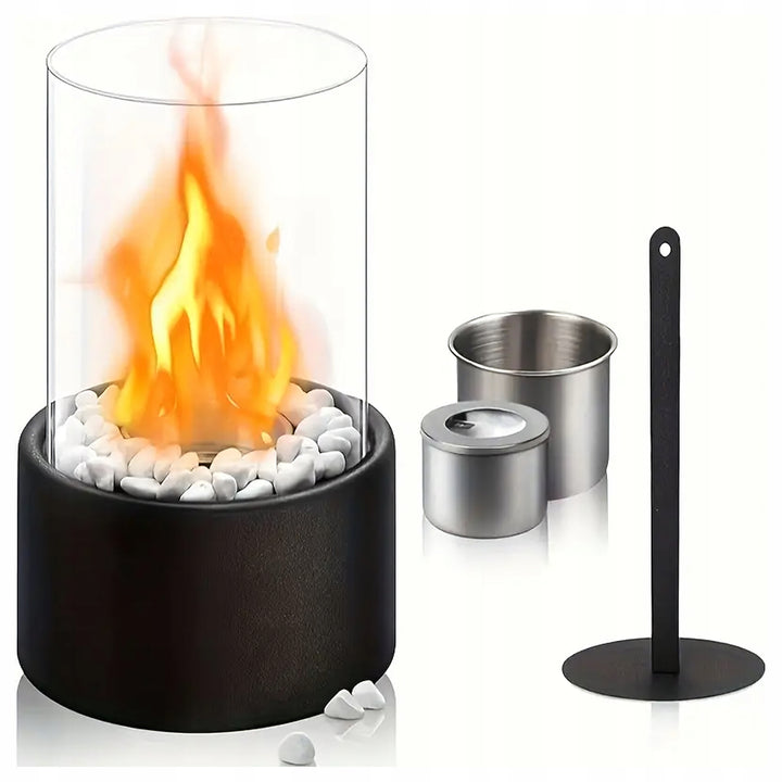 Semineu portabil cu pietre decorative albe, Zola, bioetanol, interior/exterior, 28 × 16 x 10 cm, sticl securizata, metal, negru
