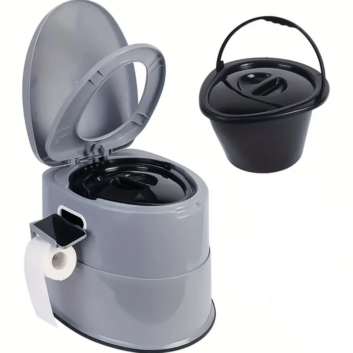 Toaleta portabila camping, Zola, suporta 150 kg, suport hartie igienica si telefon, 45 x 43 x 39 cm, plastic rezistent, gri