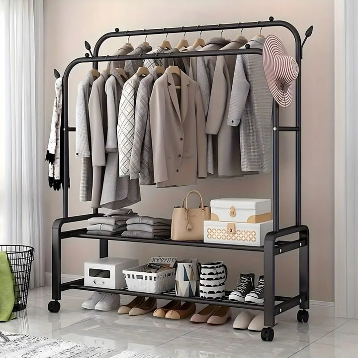 Suport dublu pentru umerase si incaltaminte, Zola, metalic, 5 rafturi, otel carbon, 145 x 55 x 150 cm, negru