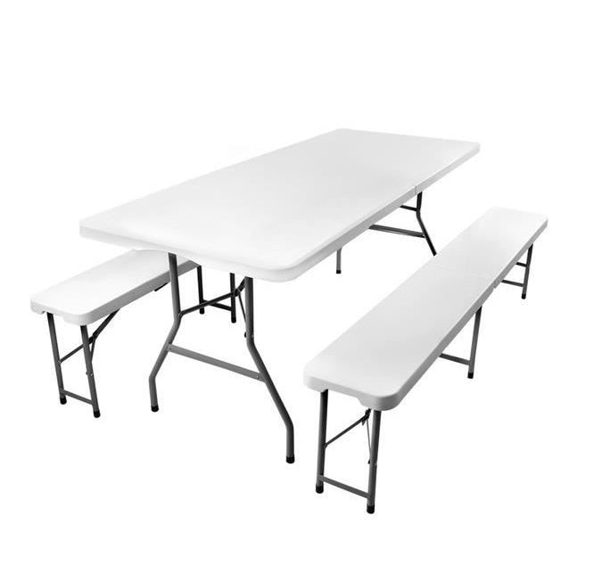 Masa si 2 banci pliabile, Zola, plastic si otel, 180x74x74cm/180x30x45cm, pentru camping sau gradina, albe