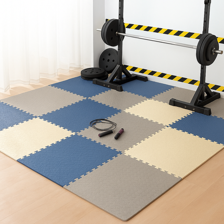 Covor tip puzzle din spuma EVA, Zola, 9 elemente, pentru sala si exercitii fizice, grosime 1 cm, 180 x 180 cm, bej/albastru