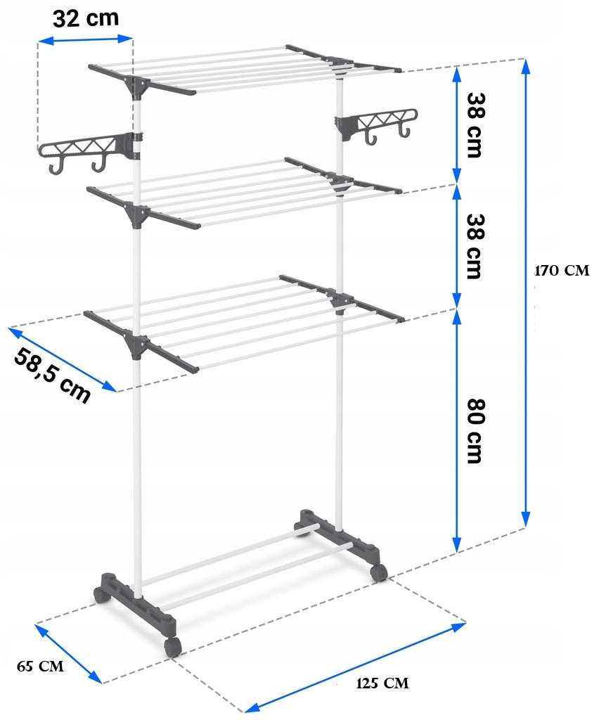 Uscator de rufe pliabil vertical, Zola, 3 niveluri, suporturi umerase laterale, 125 x 65 x 170 cm, alb/gri inchis