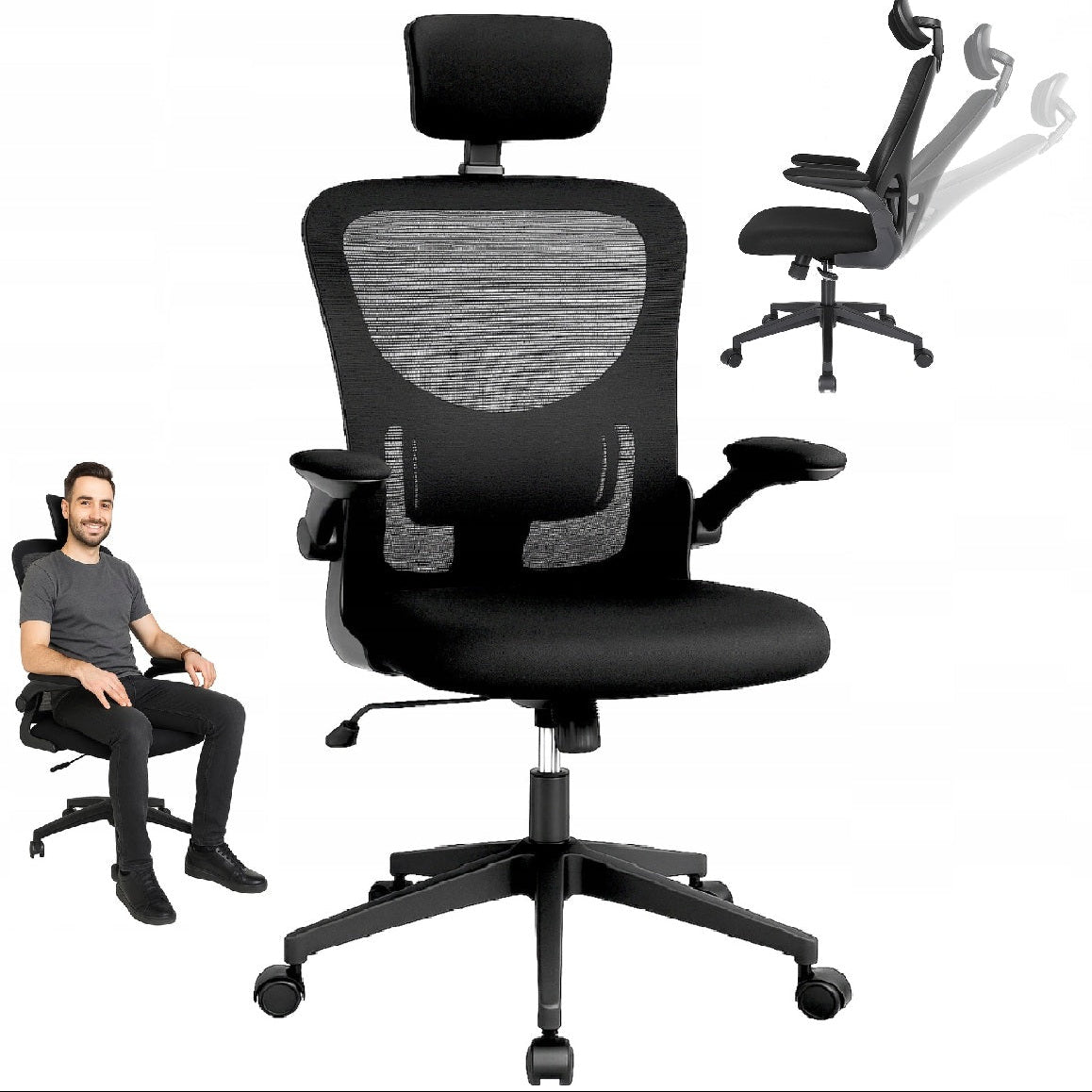 Scaun de birou ergonomic, Zola, inaltime si brate reglabile, roti pivotante, plasa, 127/117 x 61 cm, negru