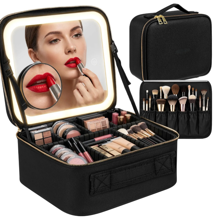 Geanta make-up cu oglinda LED, Zola, 3 tipuri de lumina, reglabila, oglinda x 10, 7 compartimente, control tactil, 25.5 x 23.5 x 12 cm