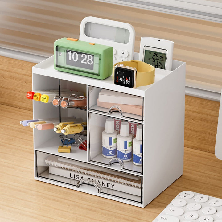 Organizator de birou, Zola, 3 sertare, 5 compartimente, din plastic, 20.5 x 14.5 x 20 cm, alb/transparent