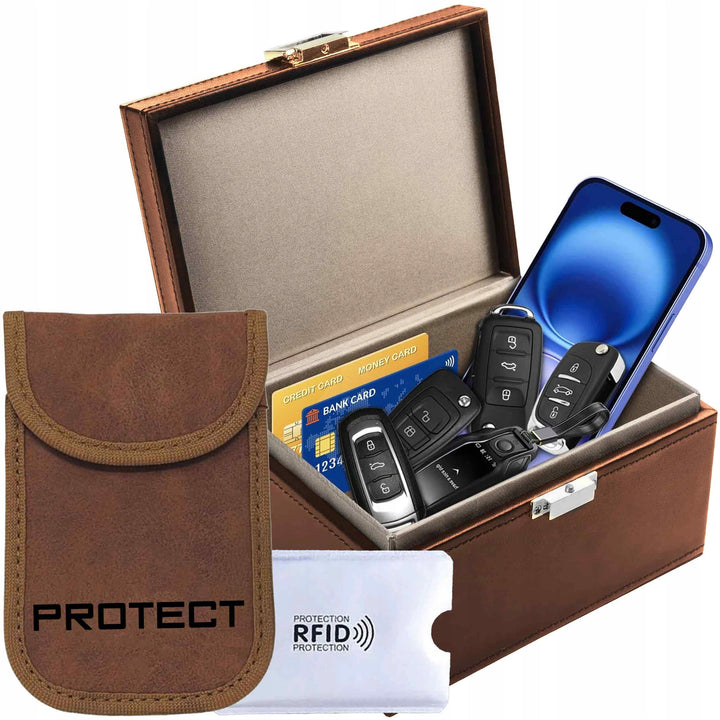 Set cutie antifurt, husa chei, portcard cu protectie RFID, Zola, functie de blocare a semnalului Wifi, Bluetooth, NFC, GSM, 10kHz-30GHz, dimensiuni cutie 15 x 11.2 x 8.5 cm, husa 12.7 x 8.4 cm, maro