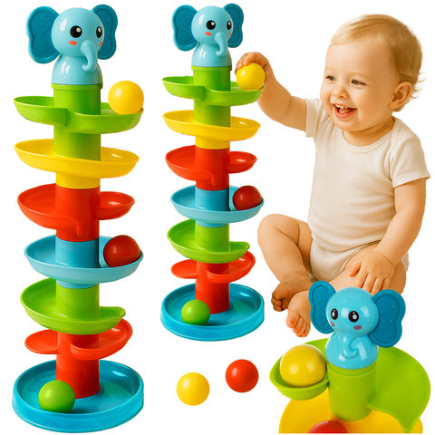 Jucarie interactiva pentru bebelusi turn elefant, Zola, 6 bile colorate, tobogan spiralat, 48 x 16.5 cm