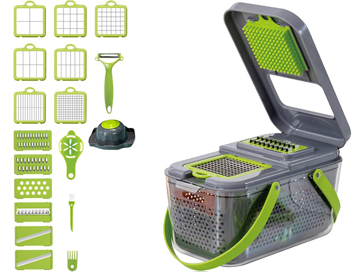 Razatoare multifunctionala pentru legume si fructe, Zola®, 13 lame diferite, 5 accesorii, cu recipient transparent, cosulet pentru spalat, capac, 26 x 14 x 13.5 cm, gri cu verde