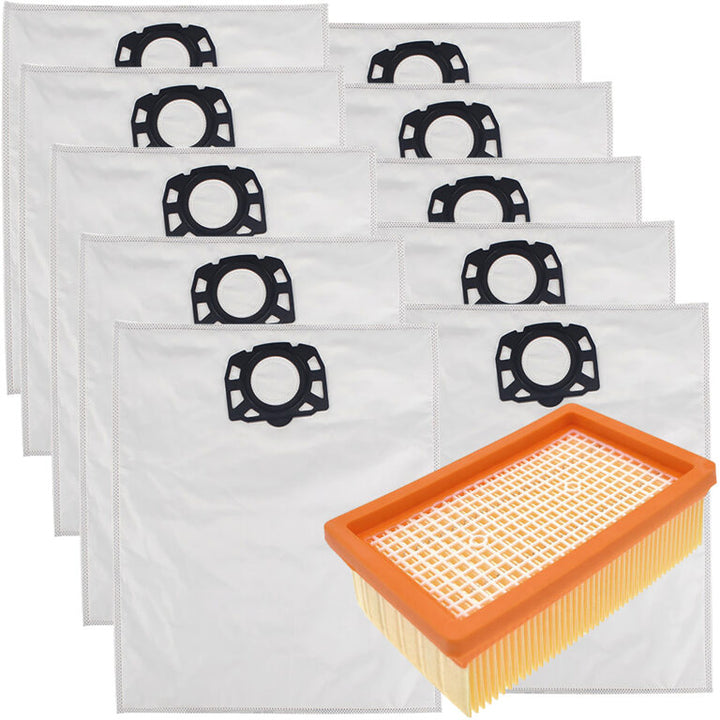 Set 10 saci pentru aspirator si un filtru HEPA, Zola, compatibili aspiratoare cu recipient 20 - 25l, Karcher WD 4 / 5 / 6, dimensiuni sac 49 x 43 cm, filtru, 16 x 10.2 x 5 cm