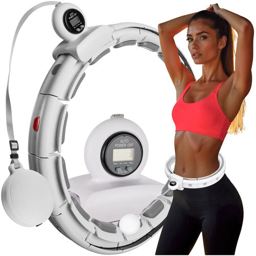 Cerc hula hoop de antrenament pentru gimnastica, Zola, afisaj LCD calorii arse, numar de rotatii, km/mile parcurse, greutate ajustabila 20–37 cm, reglabil 75–109 cm, 16 legaturi detasabile, alb