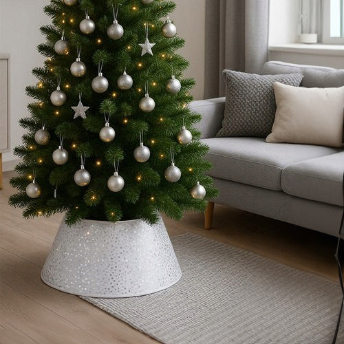 Husa decorativa pentru suport brad, Zola, 60 cm, universala, fixare velcro, alb cu paiete argintii