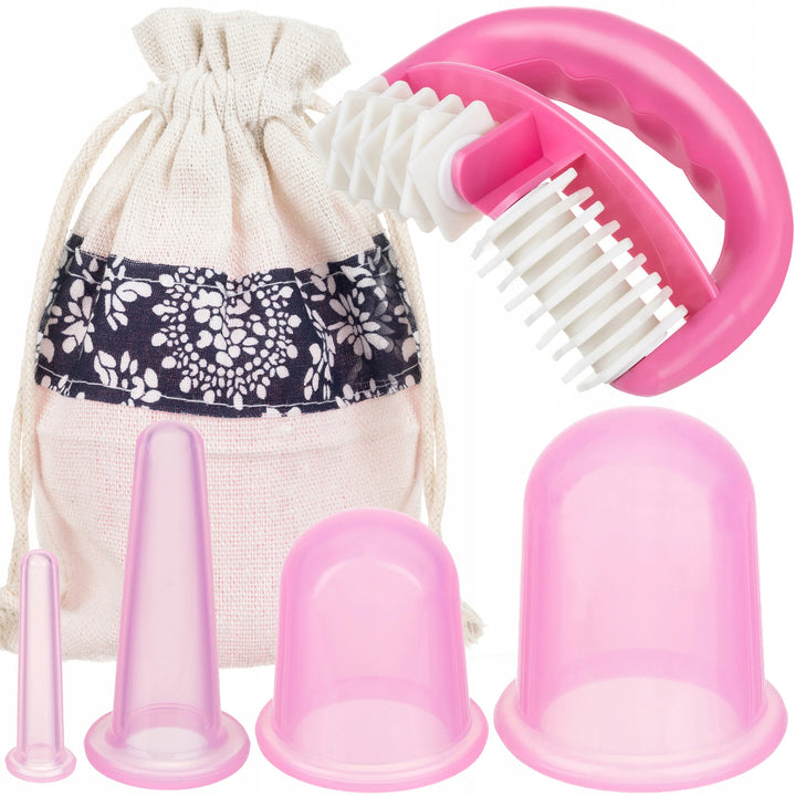 Set complet din ventuze si rola pentru masaj anticelulitic, Zola®, 5 piese, saculet depozitare, Roz