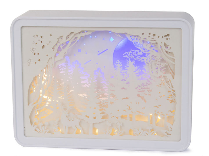 Lampa decorativa de noptiera, Zola®, cu decupaje din hartie 3D, iluminare de fundal, alimentare retea/baterii, dreptunghiulara, 15x20x5 cm, model cu brazi