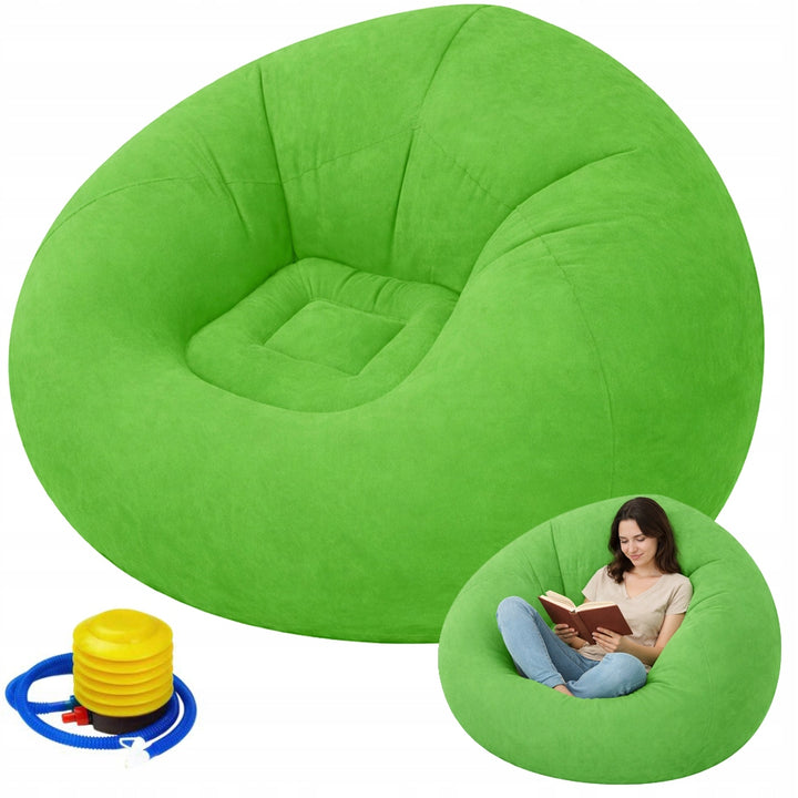 Fotoliu gonflabil tip puf, Zola, din PVC si velur, pompa inclusa, 100 x 100 x 65 cm, verde