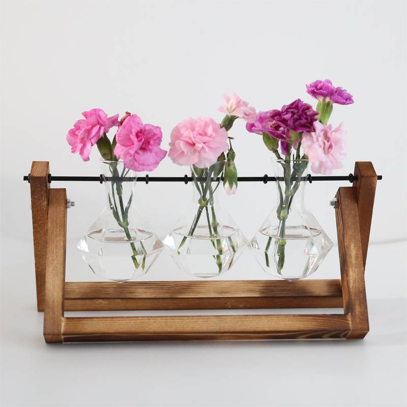 Accesoriu decorativ, vaza hidroponica cu 3 vase din sticla, Zola®, suport din lemn, pliabil, dimensiuni suport 28x13.5 cm