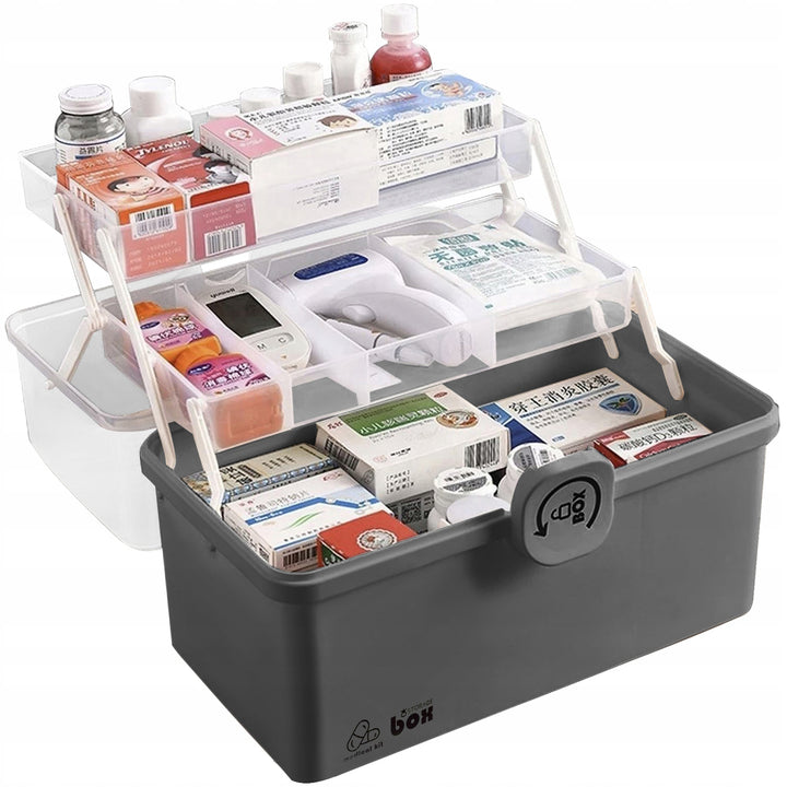 Cutie depozitare medicamente, Zola, 2 compartimente mobile, sistem de inchidere sigur, 32 x 22.5 x 19 cm, gri