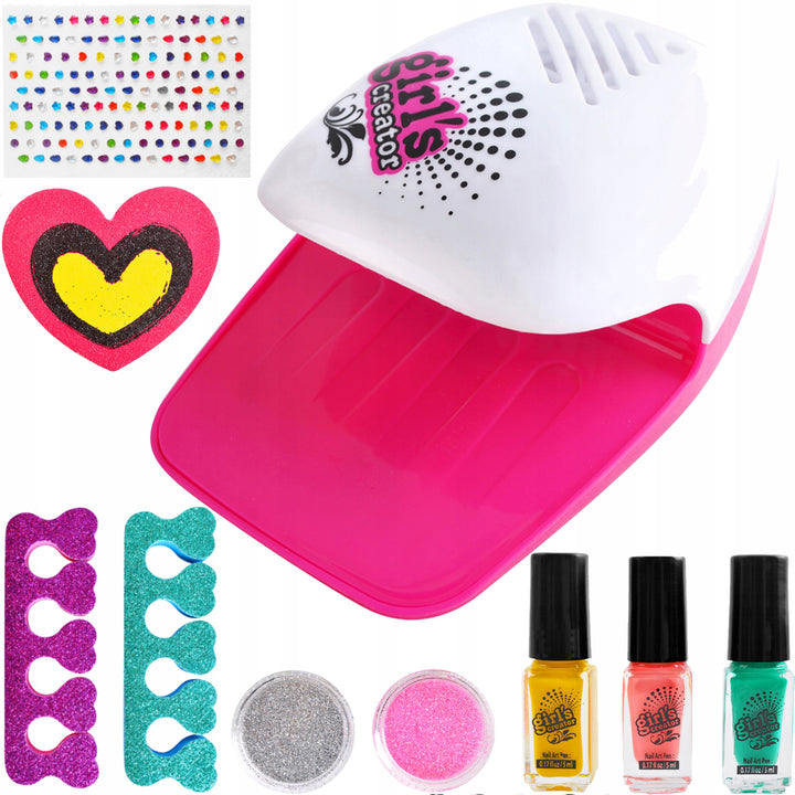 Set manichiura pentru copii, Zola®, oja, uscator unghii, strasuri, glitter si suport degete