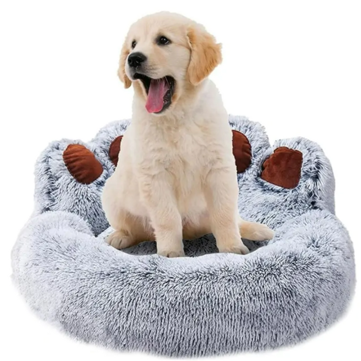 Culcus moale si pufos, Zola, pentru animale de companie de talie mica, model labuta, rotund,  anti-alunecare, 55 cm, gri