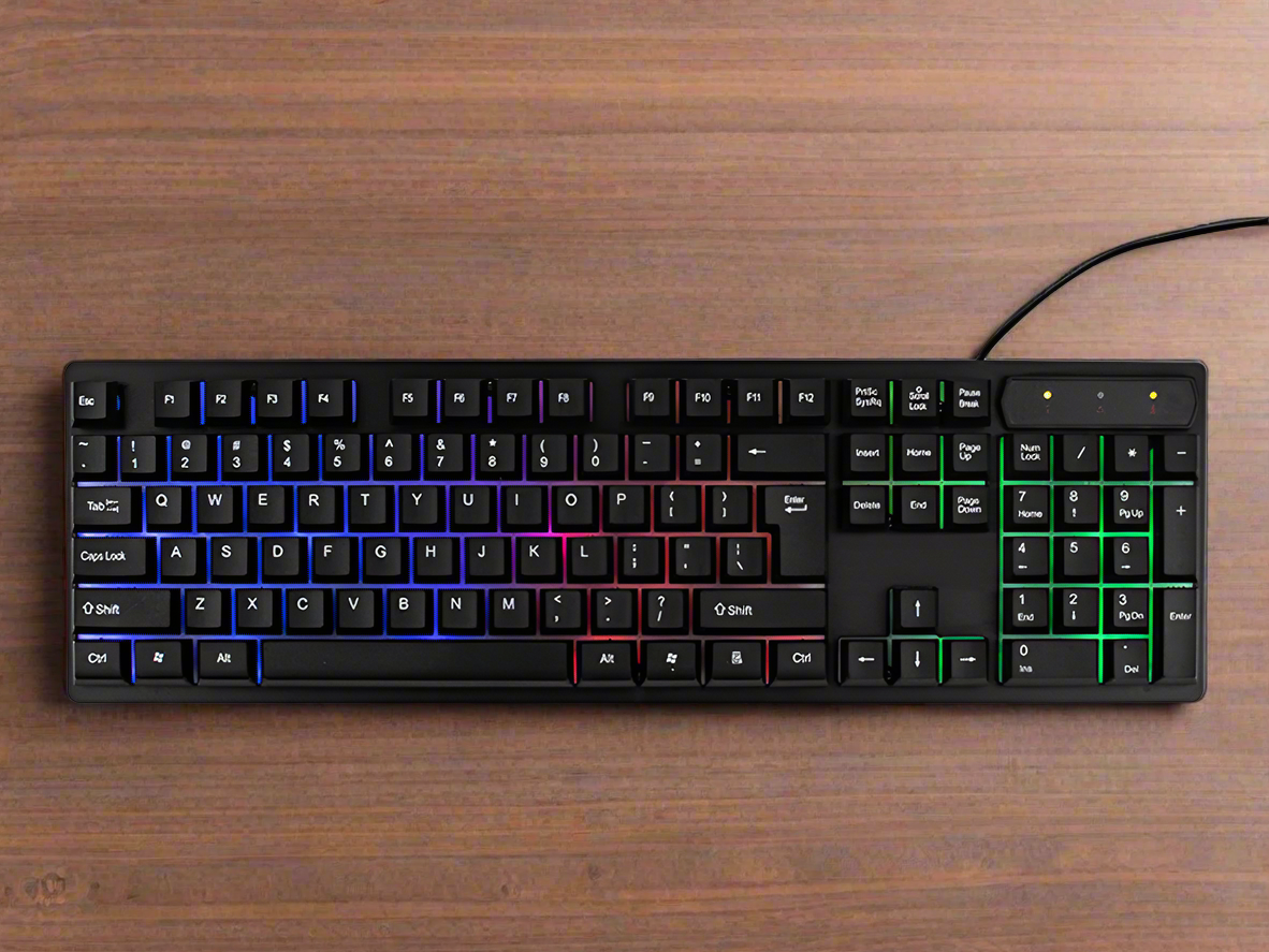 Tastatura gaming,  Zola®, cu LED-uri multicolore, prin USB, rezistenta la stropire, neagra, 43x13x2,5 cm