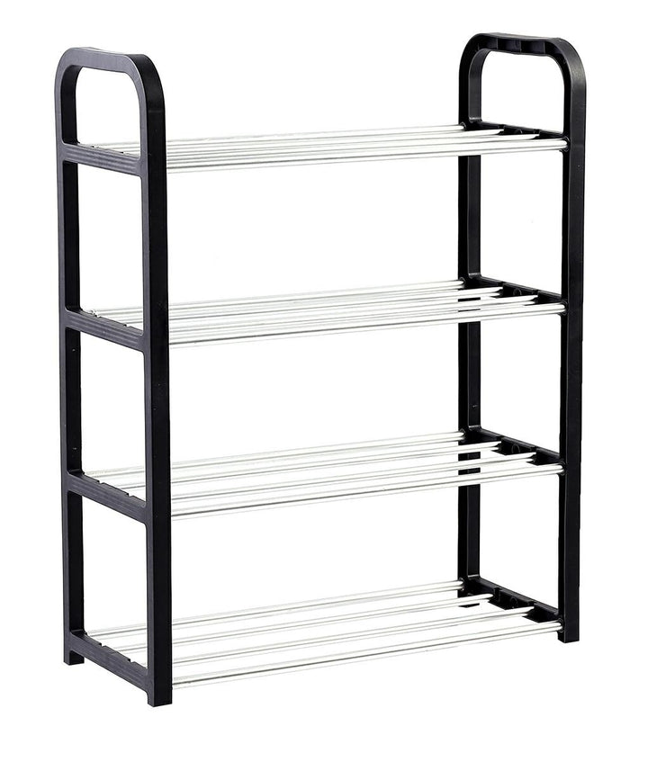 Raft pentru incaltaminte, Zola, 4 rafturi, din metal si plastic, 58x42x18 cm, argintiu/negru