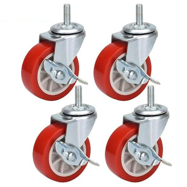 Set 4 roti pivotante, Zola, dimensiune 1.5 ", cu frana, rosii