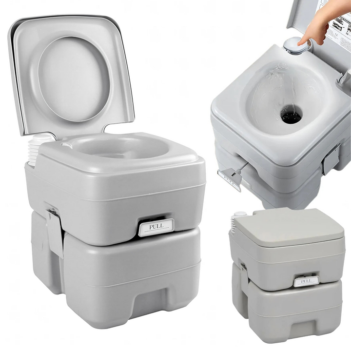 Toaleta portabila de camping, Zola, sistem de tragere a apei, rezervor 20L, greutate suportata 200 kg, 42x36x43 cm, gri