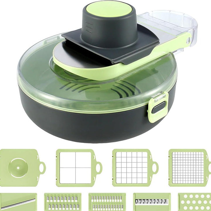 Razatoare mutifunctionala pentru legume si fructe, Zola, 8 lame diferite, recipient din plastic, fund anti-alunecare, 30x22x10 cm, gri/verde