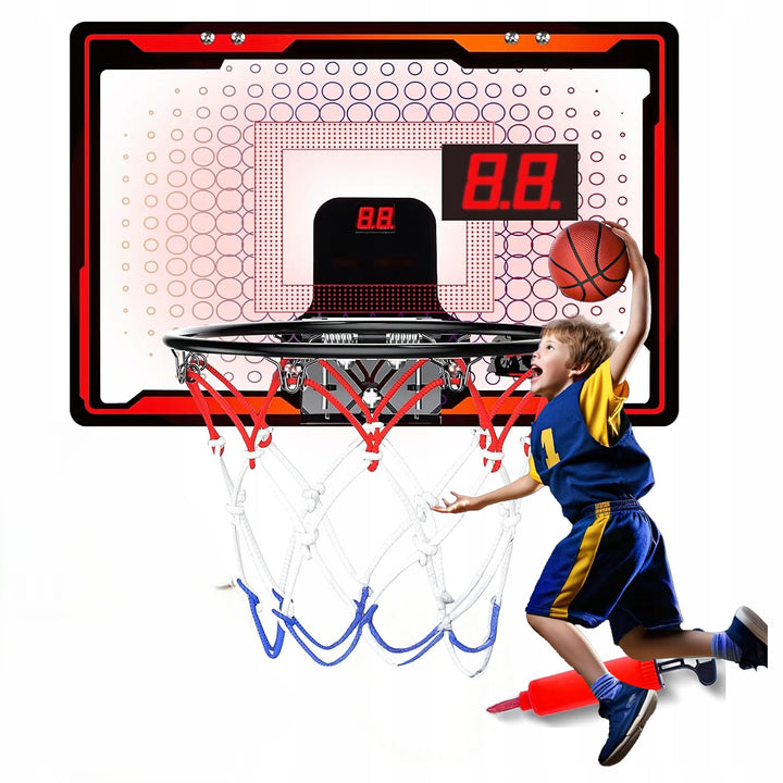 Cos de baschet pentru interior, Zola, prindere pe usa, afisaj electronic scor si efecte sonore, pliabil, 2 mingi gonflabile, pompa si accesorii de montaj incluse, 40 x 25 cm