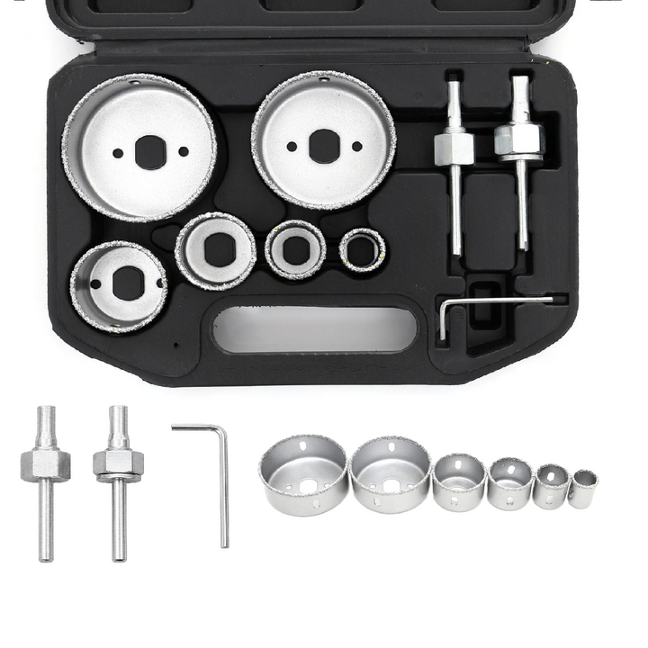 Set carote tungsten pentru gresie si faianta, Zola, 6 dimensiuni 22-73 mm, adaptoare si imbus incluse, pentru ceramica si rigips, cutie depozitare