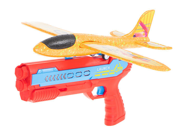 Avion cu lansator,  Zola, cu autocolante incluse, din plastic/spuma, culoare rosu/portocaliu