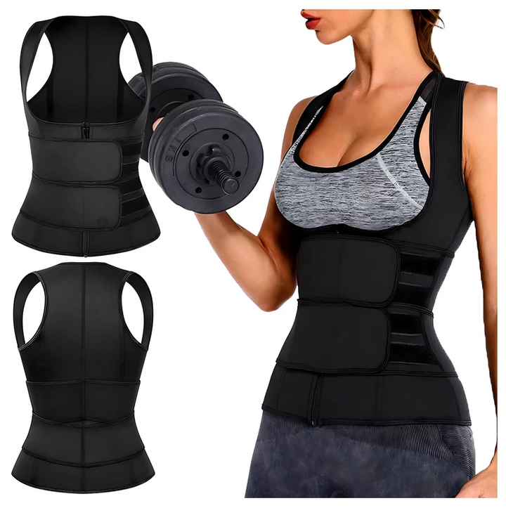 Vesta de fitness din neopren pentru femei, Zola, efect de sauna, cu fermoar si centura. marimea XL, talie 105-110 cm, negru
