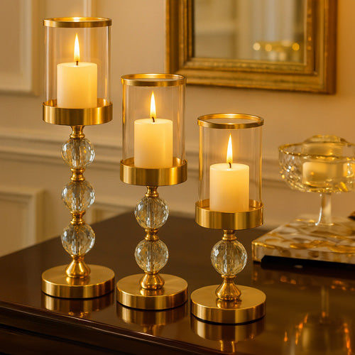 Set 3 suporturi lumanare tip sfesnic, Zola, insertii de oglinda, dimensiuni diferite 18/34.5/41 x 12 cm, sticla/metal, auriu