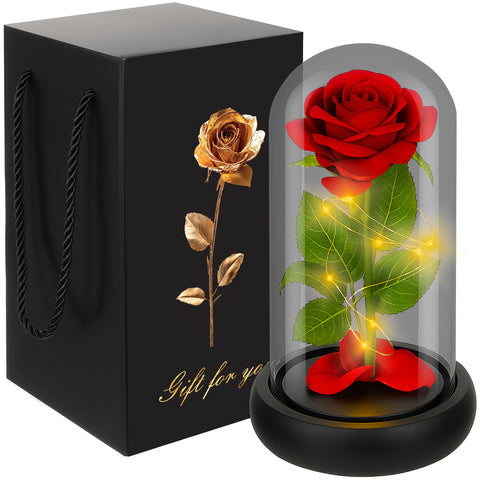 Trandafir decorativ in cupola de sticla, Zola, cu LED, cutie eleganta pentru cadou, 21 x 11 cm, rosu