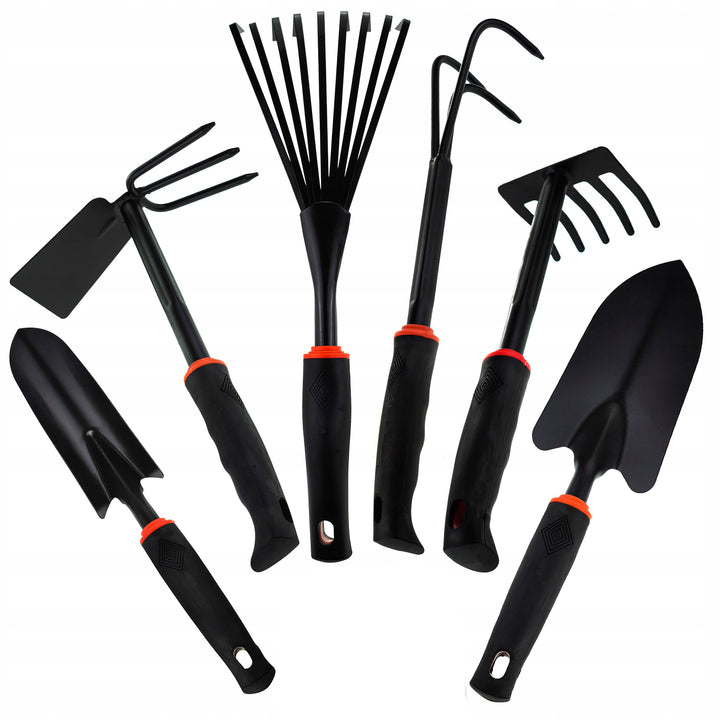 Set 6 unelte de gradinarit, Zola®, otel si plastic, manere confortabile si ergonomice, negre