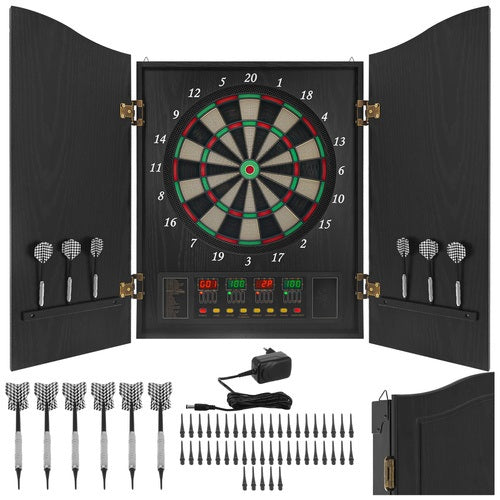 Tabla darts electronic 1-16 jucatori, Zola, tip fereastra, 4 afisaje LED, 6 sageti alb/negru, 50 varfuri, 27 jocuri in 243 combinatii, 8 niveluri volum,  52.5 x 69 x 7 cm