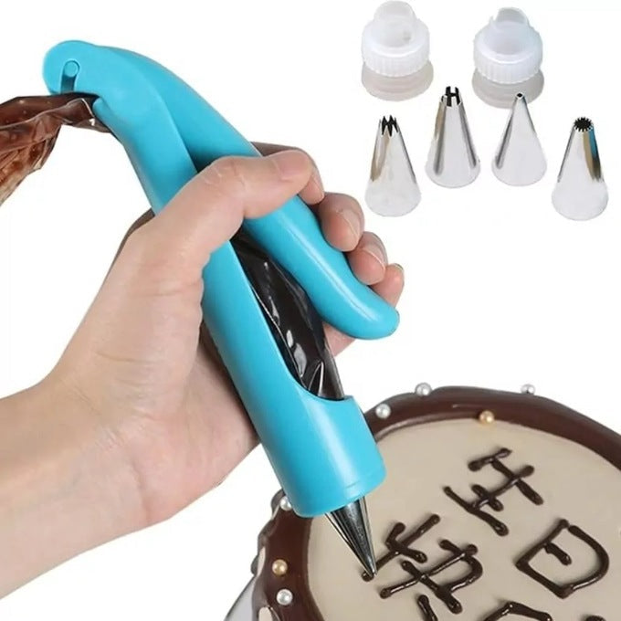 Set instrumente pentru ornat torturi si prajituri, Zola, pistol, 4 capete diferite, diametru 3.2 cm, 16 cm, albastru