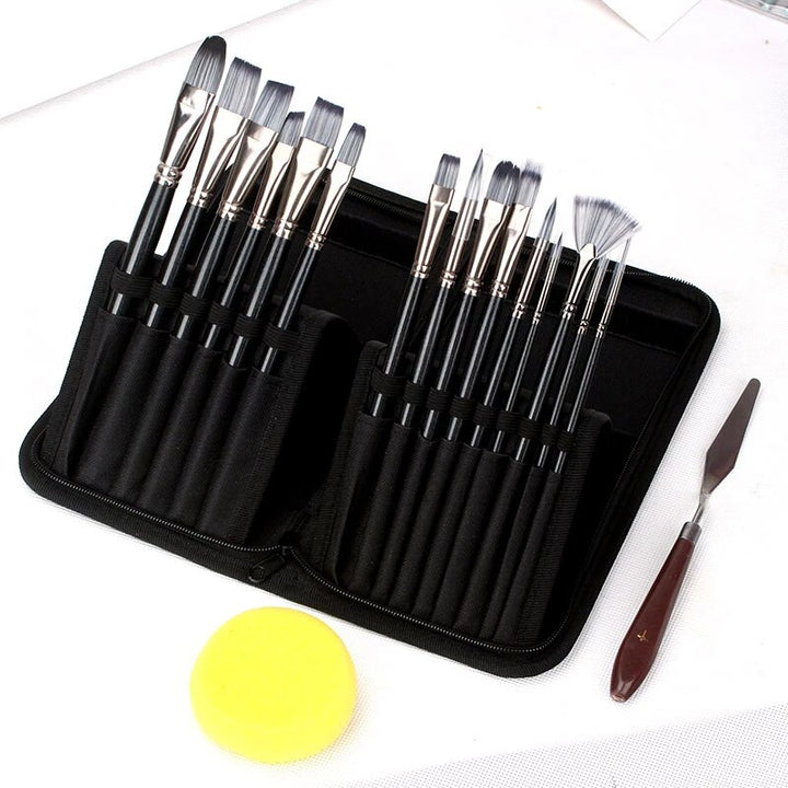 Set 15 pensule pentru pictat de diferite dimensiuni, Zola, cu husa pentru depozitare, neagra, 27x14x3 cm