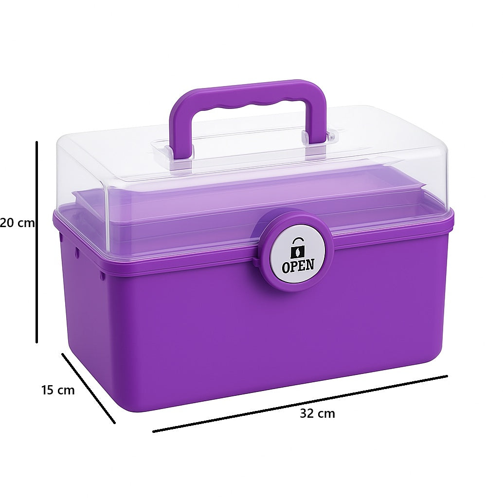 Cutie de medicamente organizatoare, Zola, 2 rafturi mobile,  32 x 20 x 15 cm, 6 compartimente,  sistem de inchidere, maner de transport, mov